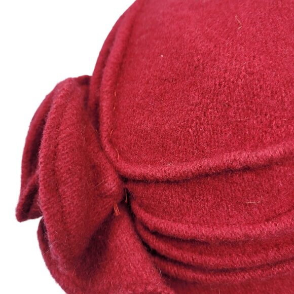 Vtg Red Wool Cloche Hat Floral Accent Sz 57cm Flapper Bob Ruffle Knit Retro 20s - Picture 5 of 9